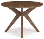 Round wood dining table with tapered X-frame pedestal