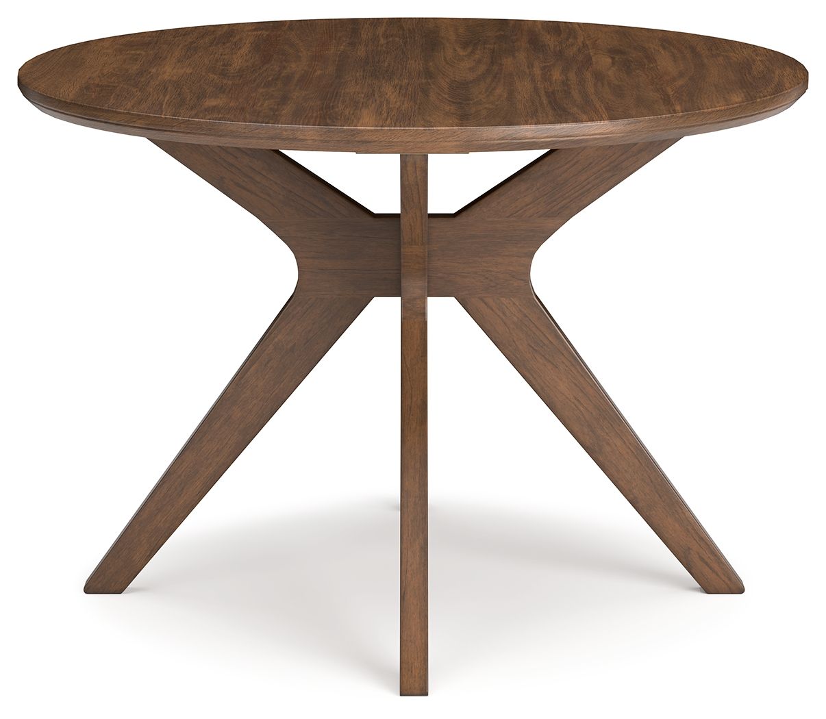 Round wood dining table with tapered X-frame pedestal