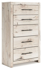 Light natural wood five-drawer chest with black bar handles