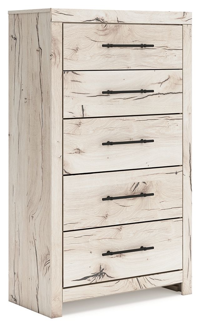 Light natural wood five-drawer chest with black bar handles