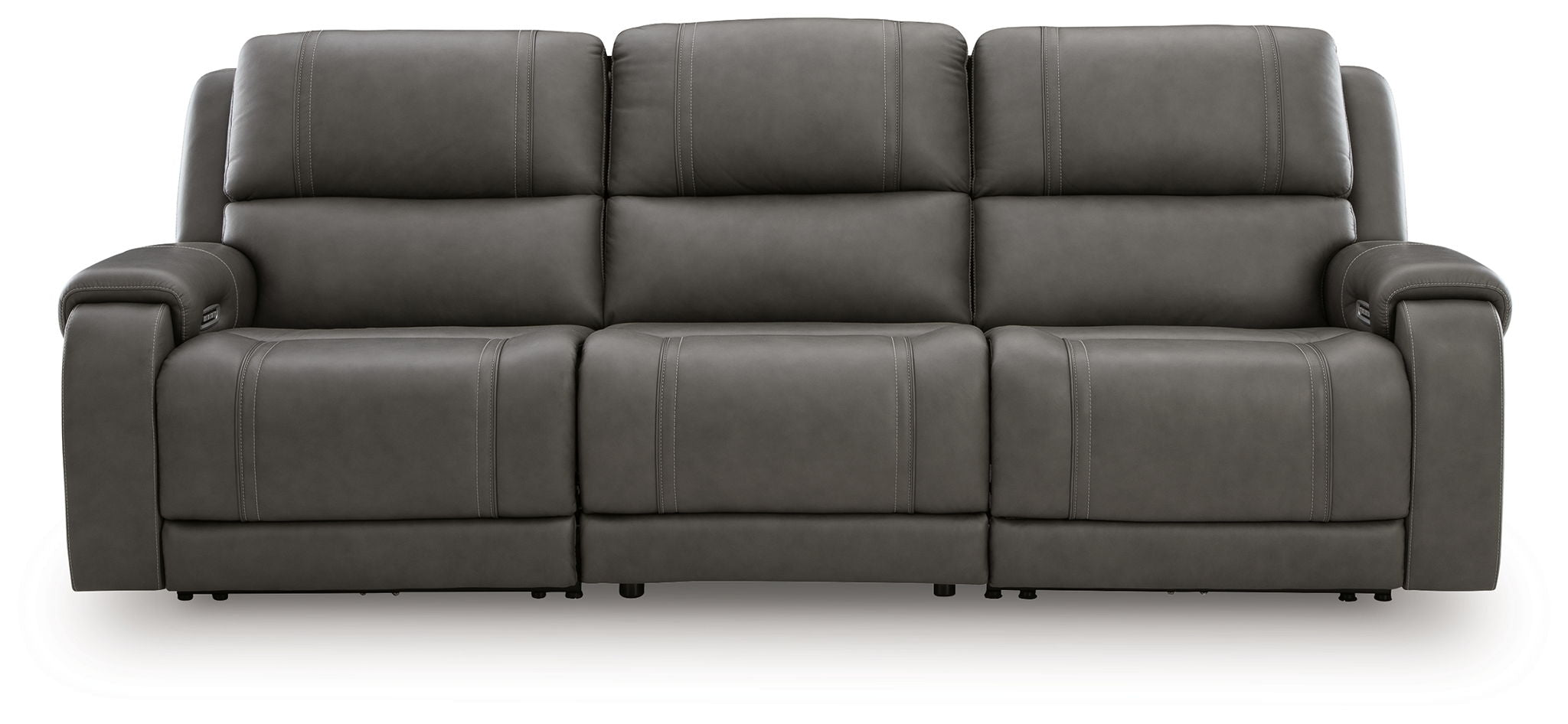 Dark gray power reclining sofa with segmented cushions, padded arms, and supportive backrests