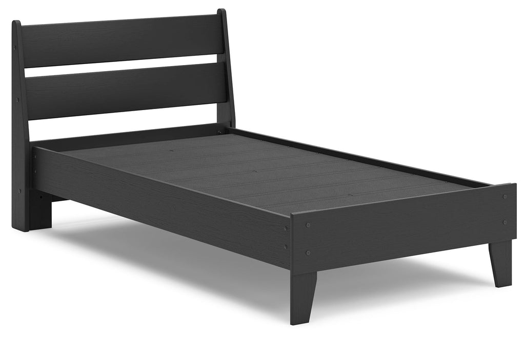 Black panel platform bed frame with dark platform base