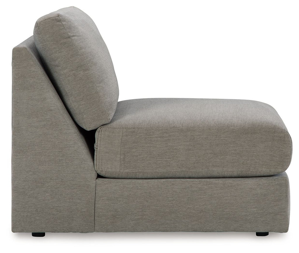 Ash gray armless chair with tall backrest and deep cushioned seat