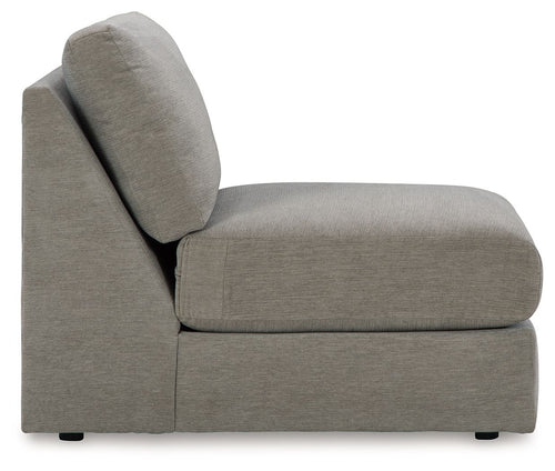 Ash gray armless chair with tall backrest and deep cushioned seat