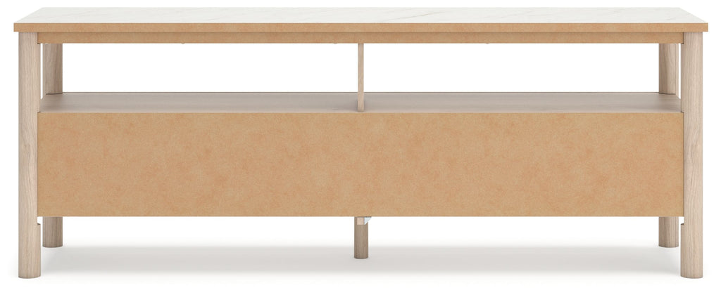 Light wood TV stand with open shelf space beneath the tabletop