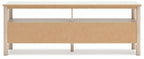 Light wood TV stand with open shelf space beneath the tabletop