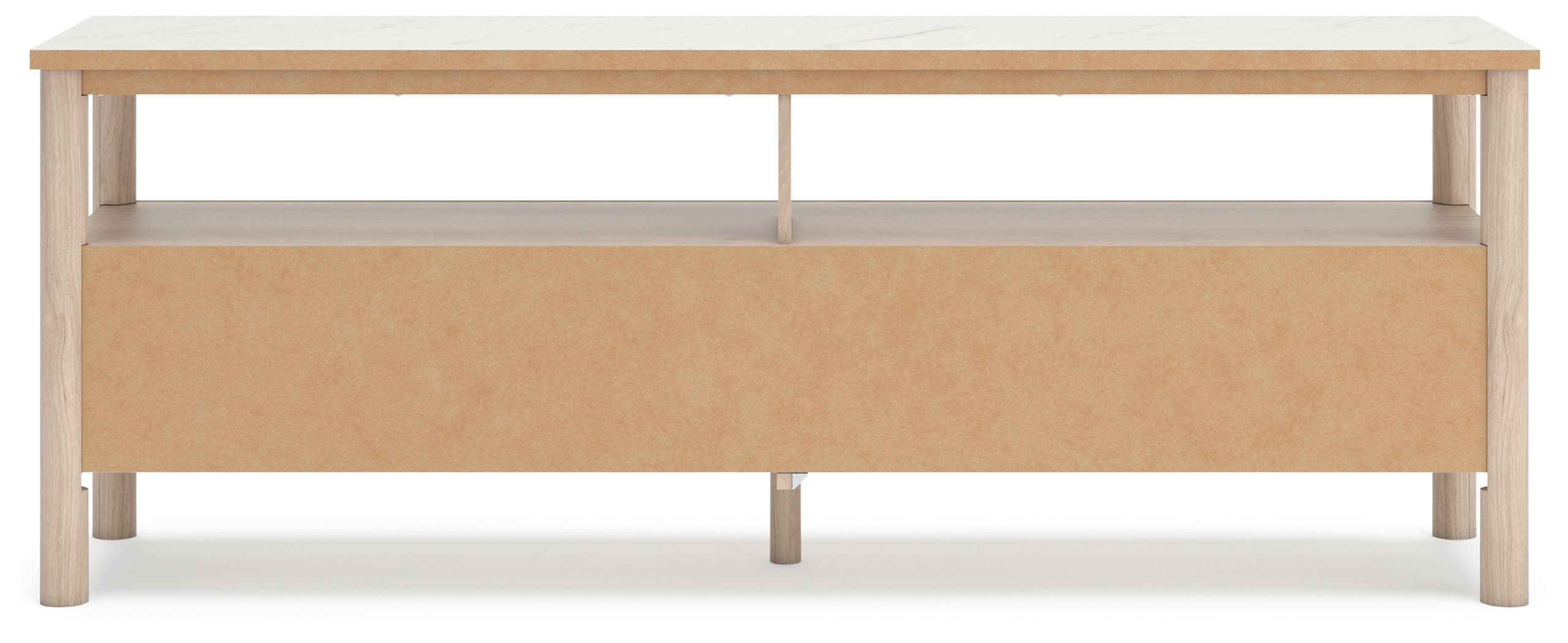 Light wood TV stand with open shelf space beneath the tabletop