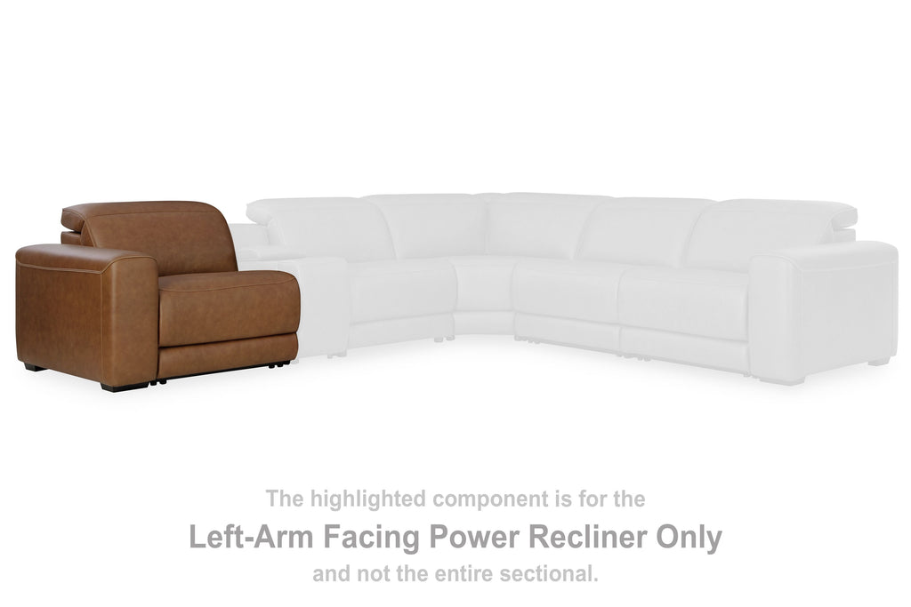 Caramel power recliner chair with left-facing arm and padded seat back