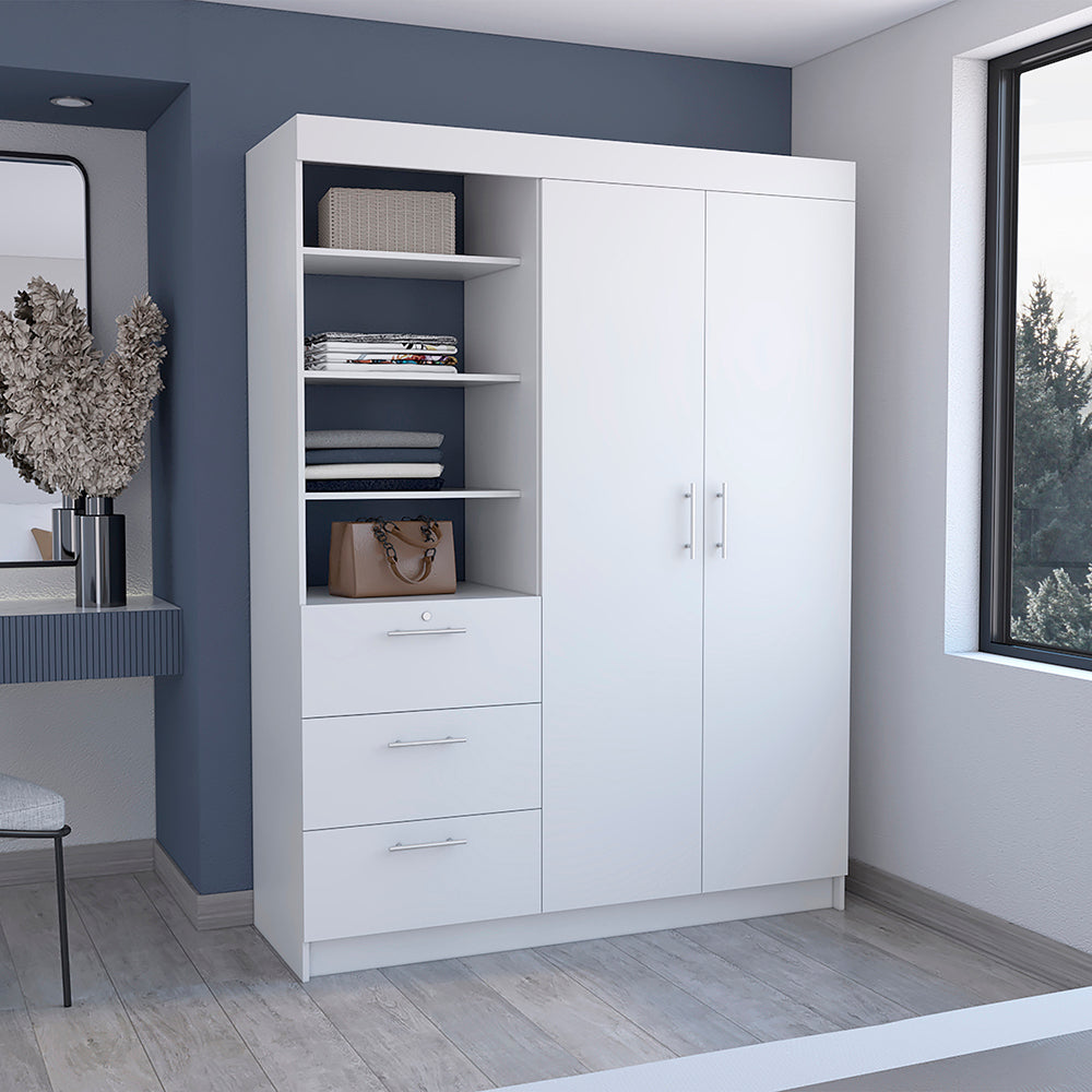 Kenya White Armoire with 3 Drawers, Double Door, 3-Tier Shelf