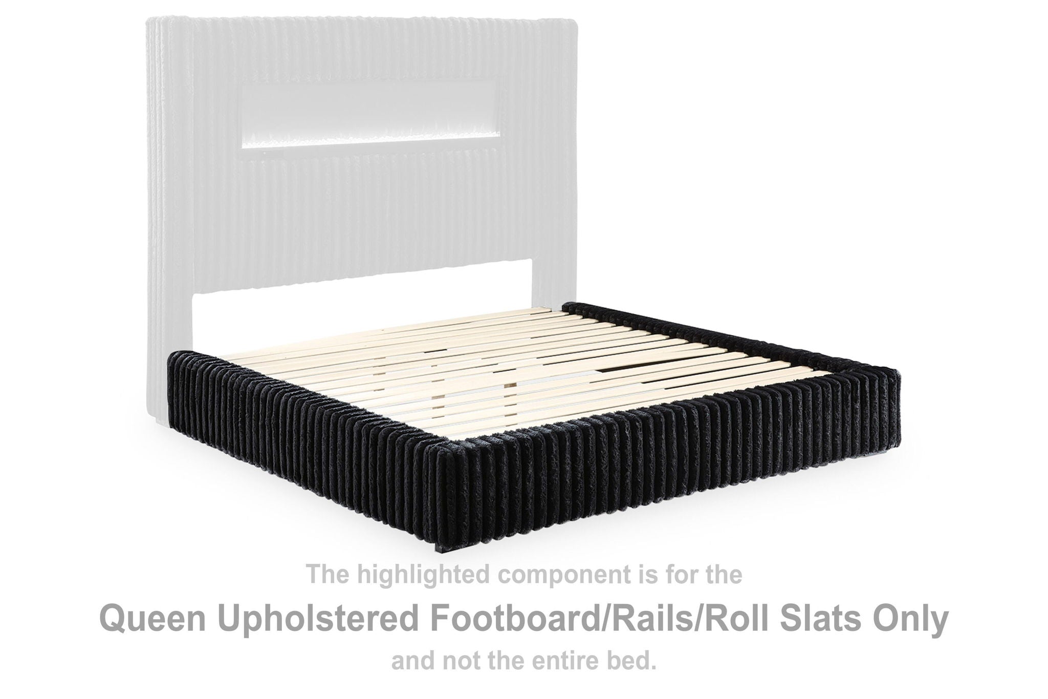 Queen upholstered footboard with black rails and roll slats, beige slat insert