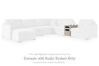Sectional sofa with highlighted console with audio system component only, front panel shown