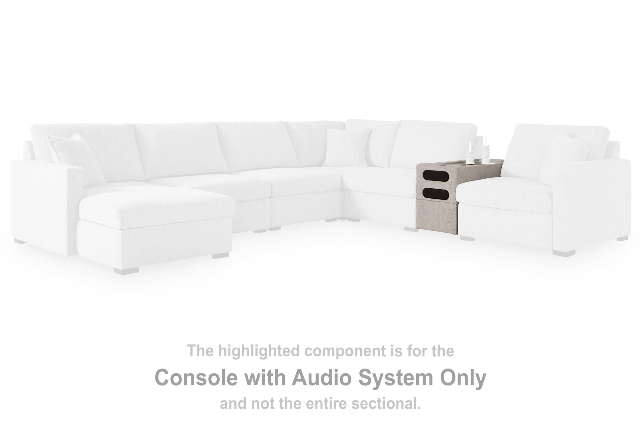 Sectional sofa with highlighted console with audio system component only, front panel shown