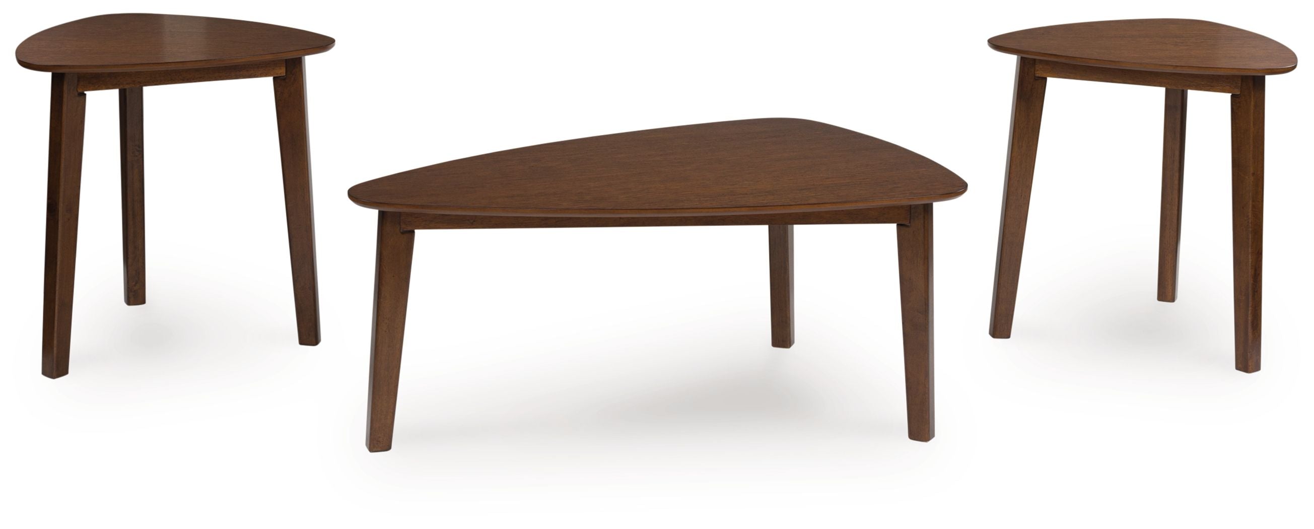 Set of 3 brown wood occasional tables with round tops and tapered legs