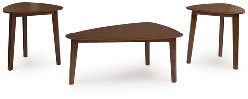 Set of 3 brown wood occasional tables with round tops and tapered legs
