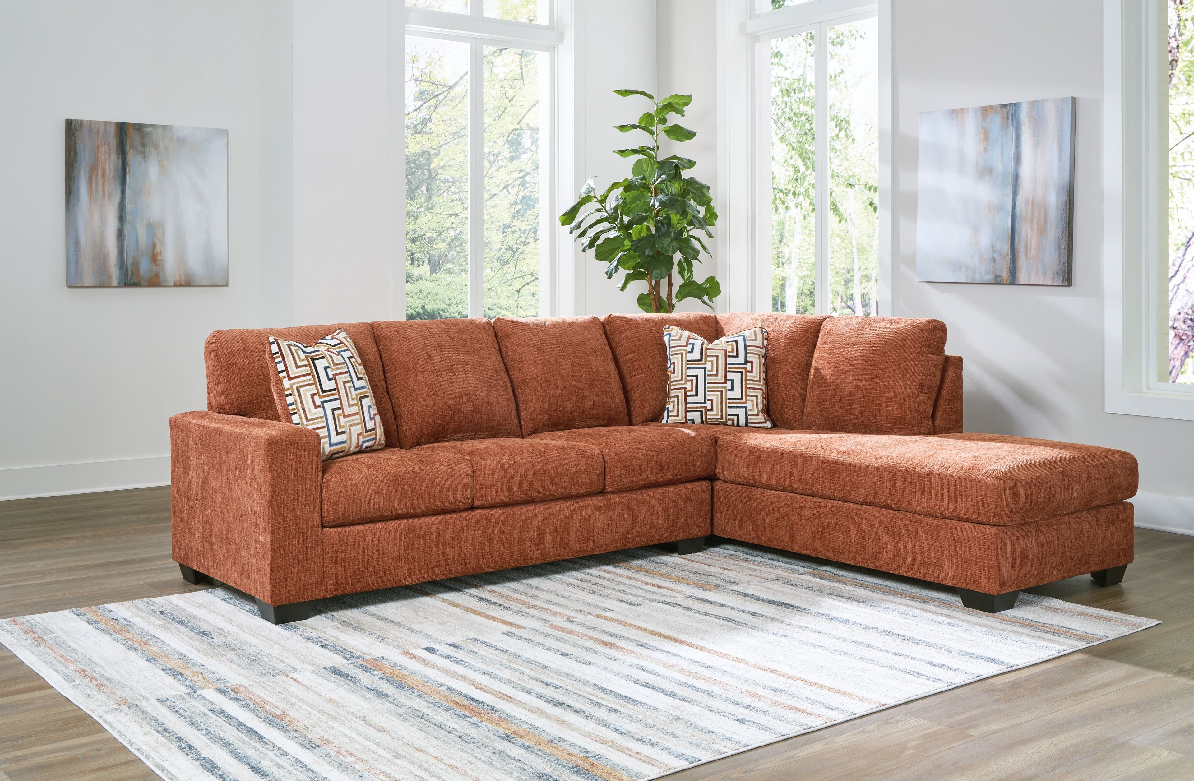 Spice rust corner chaise sectional sofa with geometric accent cushions