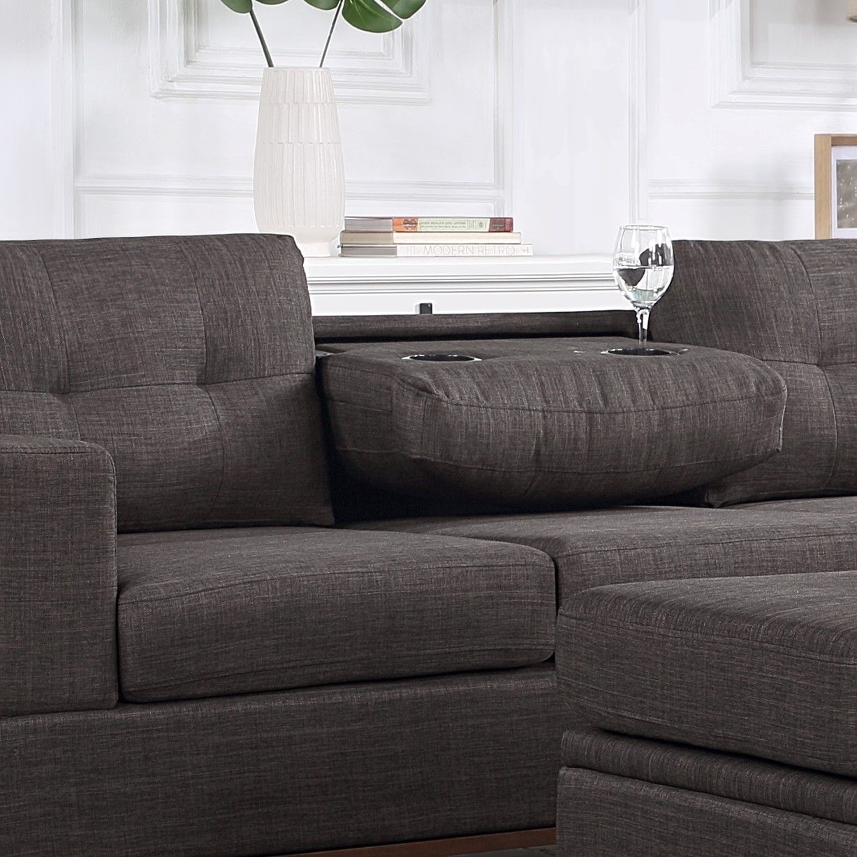 Hilo - Fabric Reversible Sectional Sofa With Dropdown Armrest, Cupholder, And Storage Ottoman