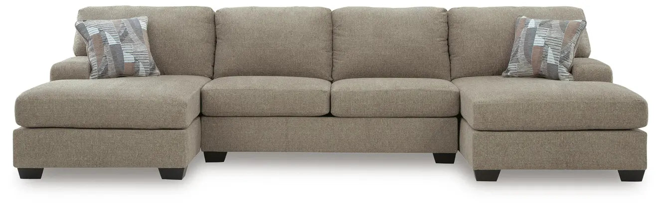Taupe fabric sectional sofa with two chaise ends and square seat cushions