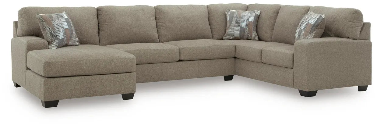 Taupe fabric sectional sofa with chaise arms and boxed seat cushions