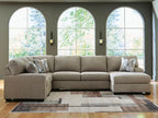Taupe fabric sectional sofa with two chaise ends and matching throw pillows
