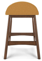 Upholstered barstool with rounded mustard fabric seat, warm wood legs