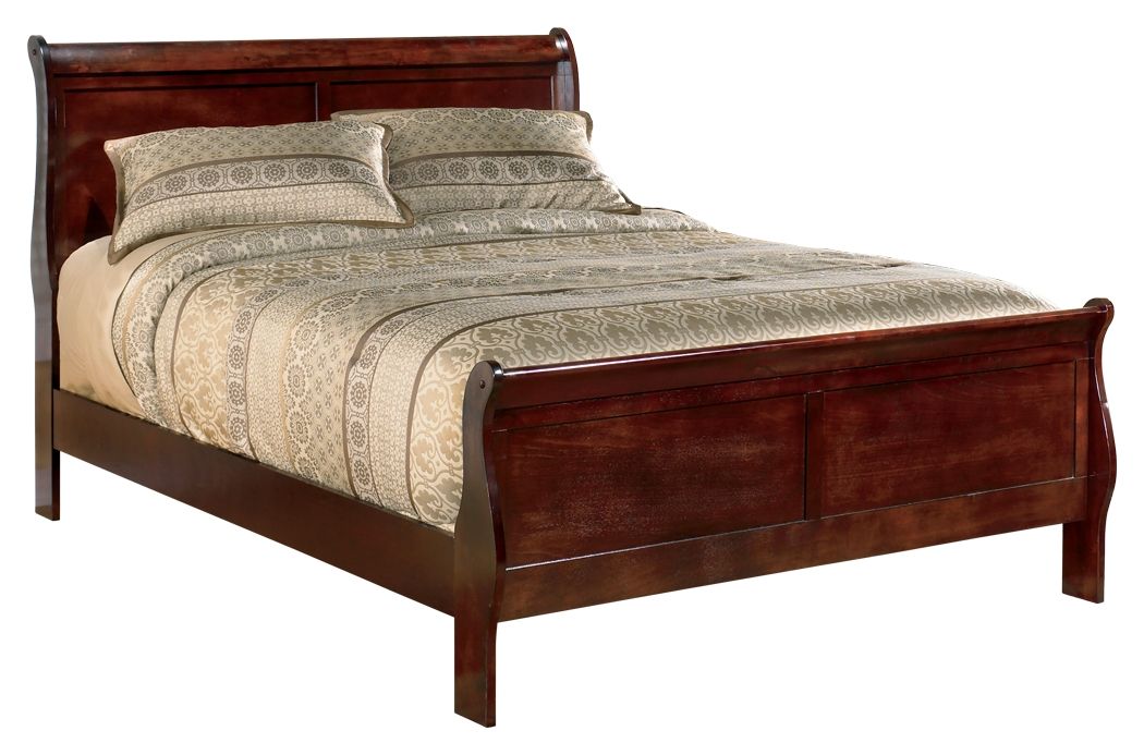 Dark brown sleigh bed with tall headboard, curved footboard, side rails