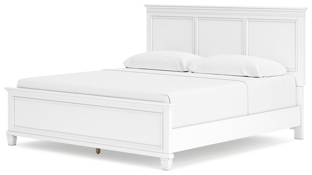 White panel bed with paneled headboard and footboard, two matching cushions.