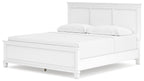 White panel bed with paneled headboard and footboard, two matching cushions.