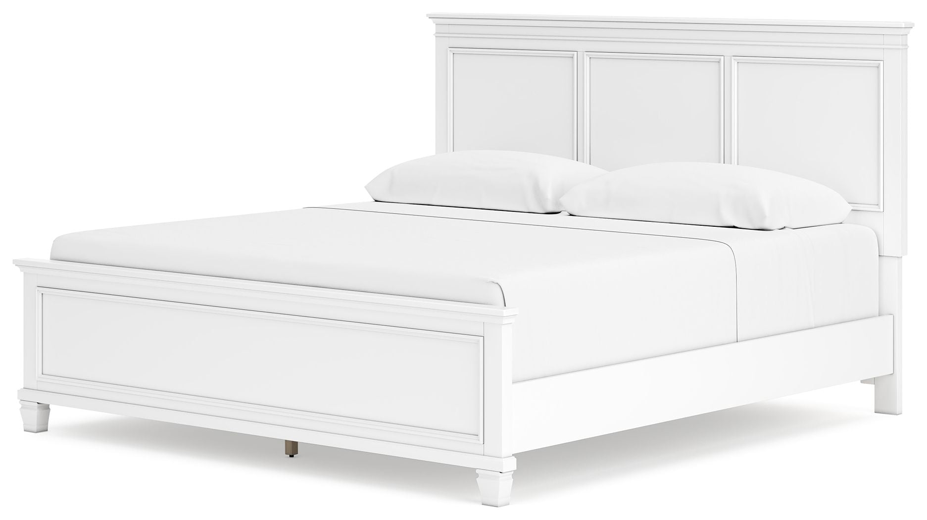 White panel bed with paneled headboard and footboard, two matching cushions.
