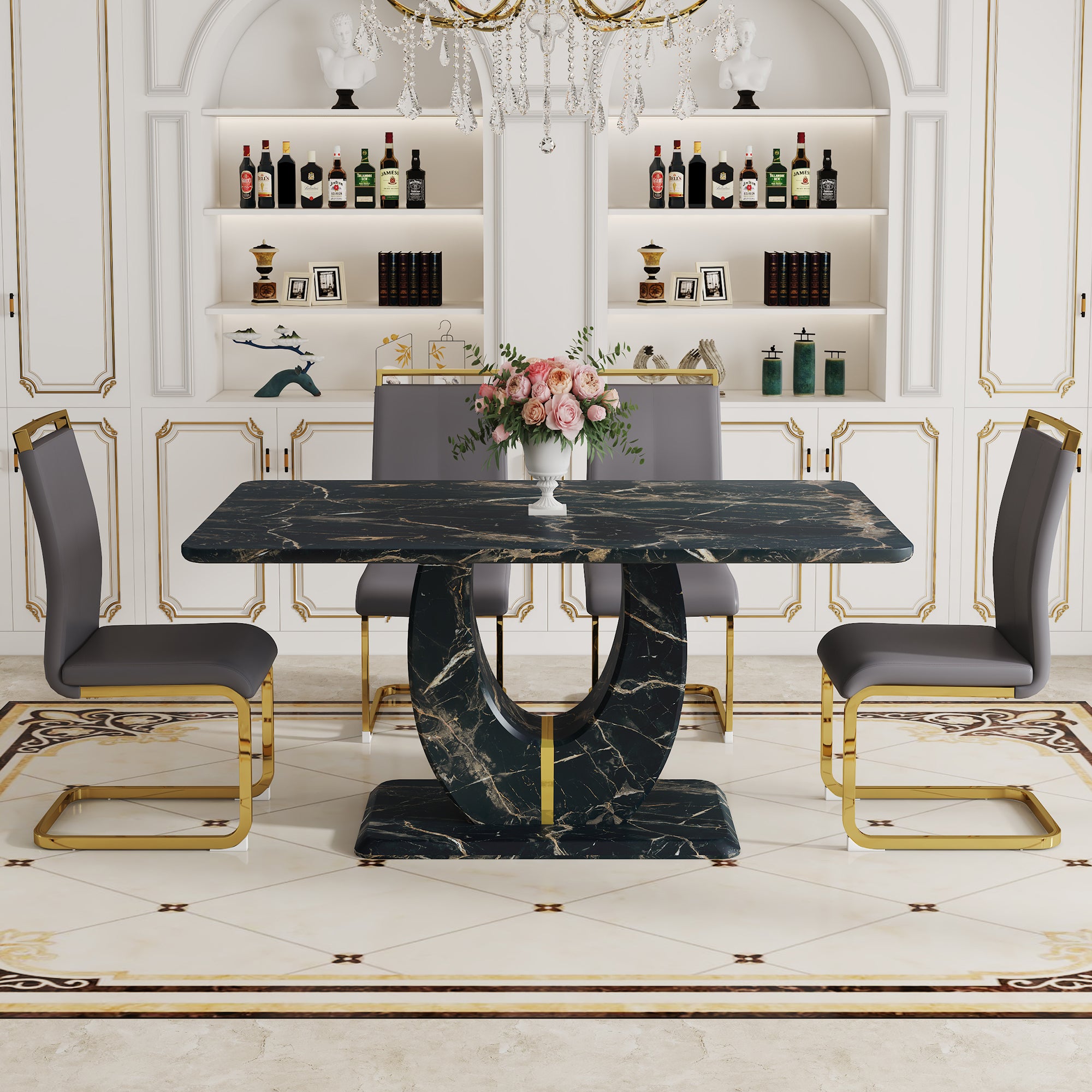 Black Marble Dining Set with 4 Chairs