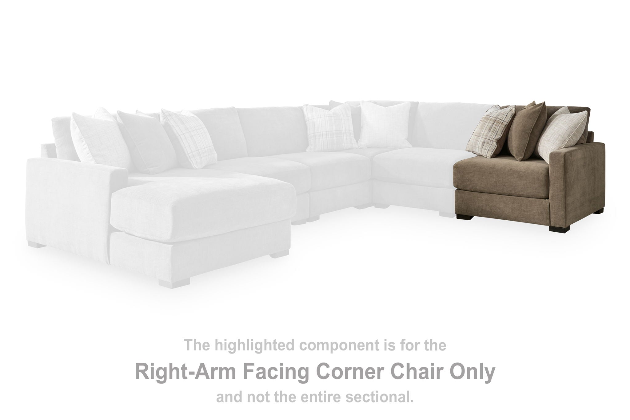 Right-arm facing corner chair in coffee-brown fabric with cushions and armrests