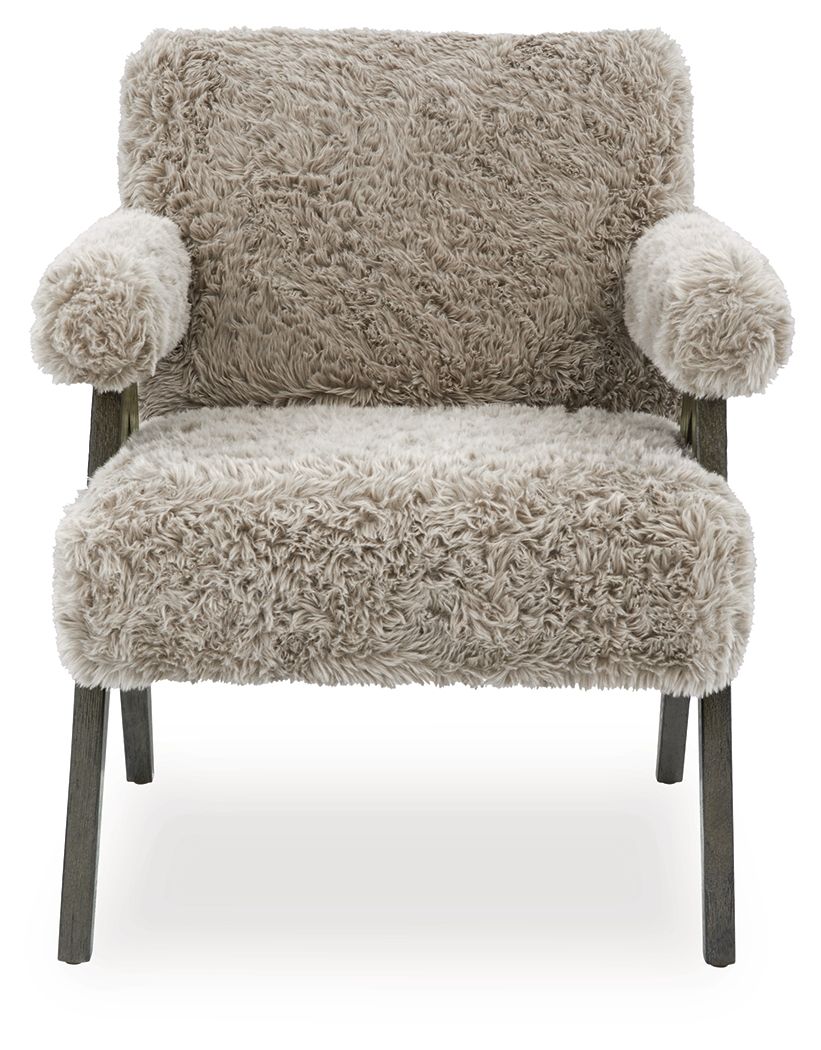 Light gray shag accent chair with rounded arms, thick seat cushion, and dark legs