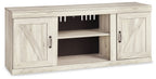 Beige entertainment center cabinet with open shelving and two side doors