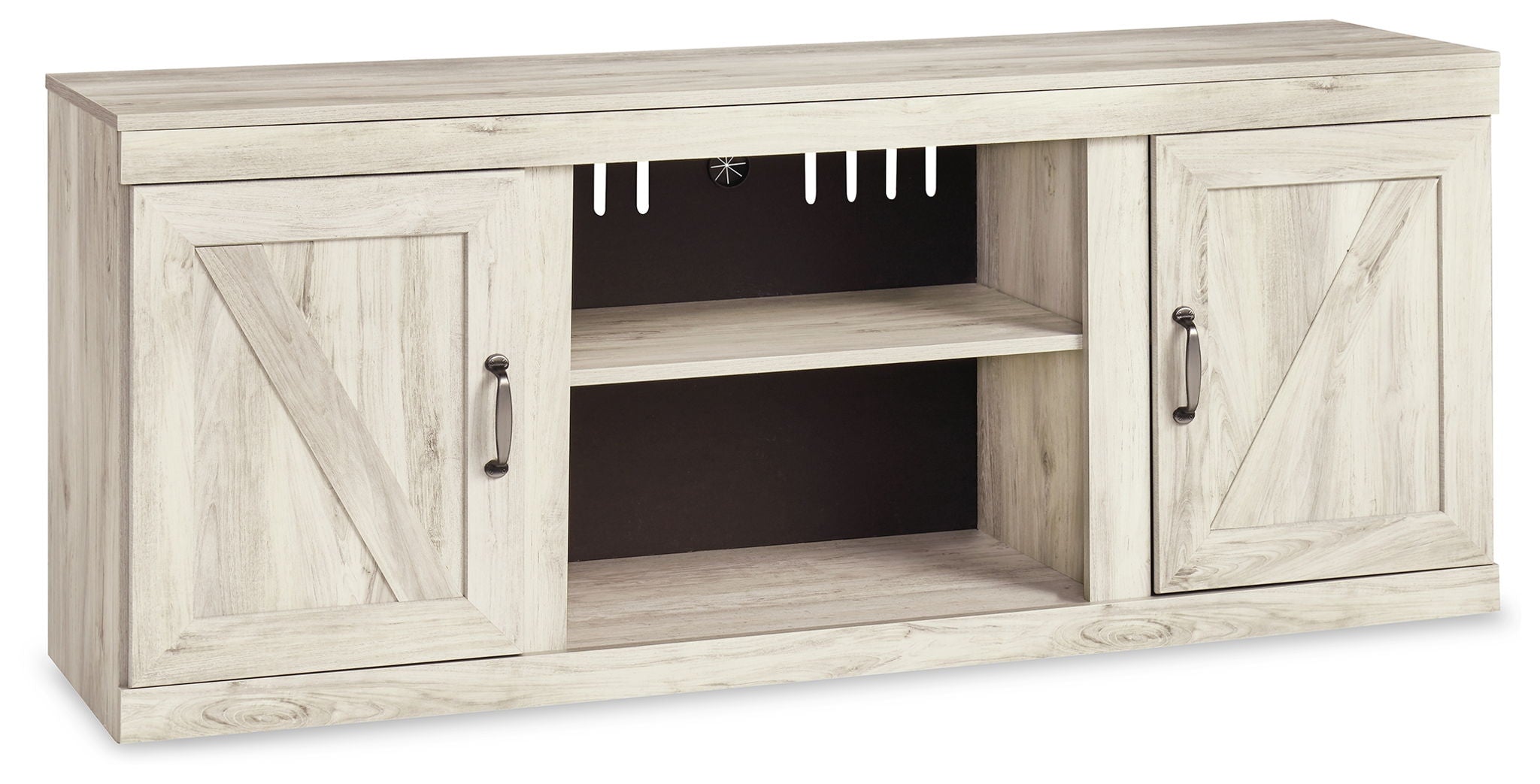 Beige entertainment center cabinet with open shelving and two side doors