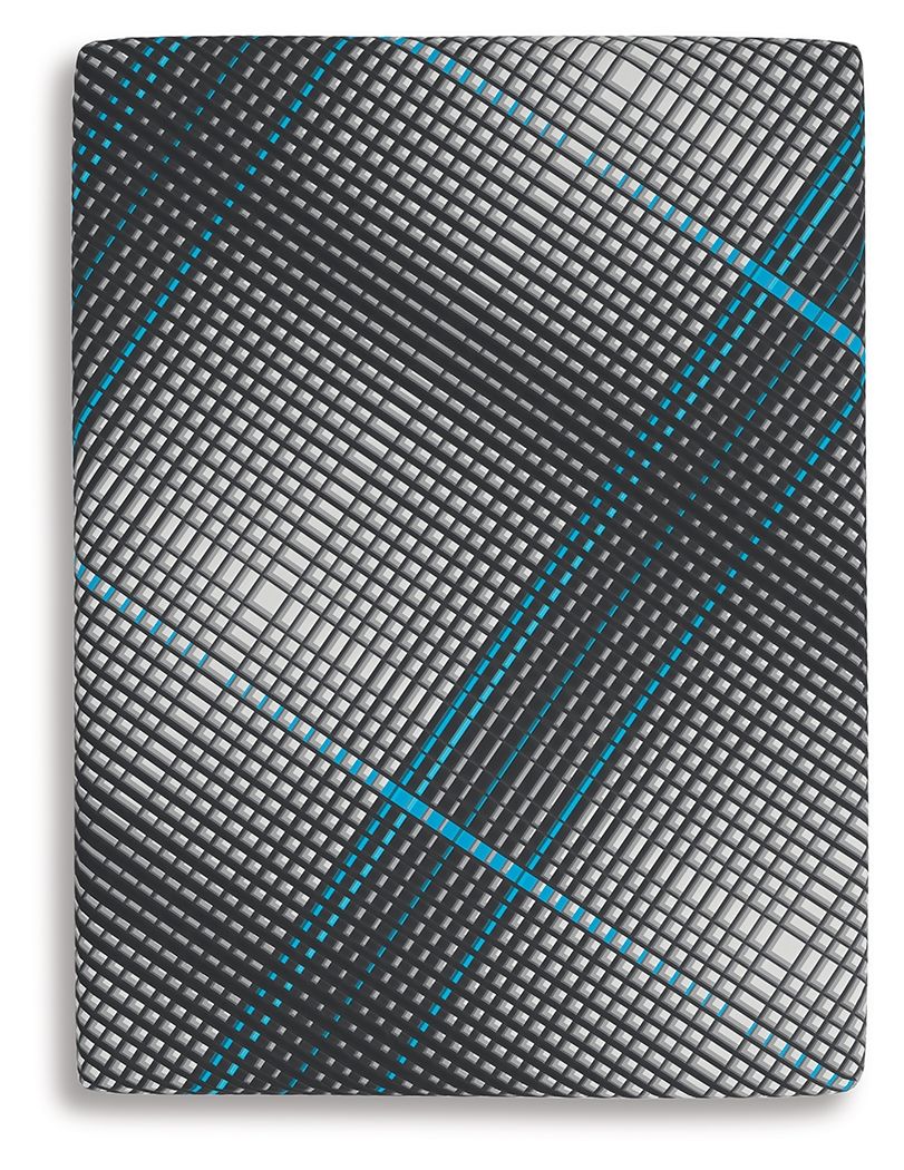 Black mattress top with silver grid pattern and turquoise crosshatch lines