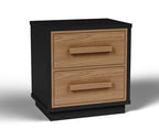 Two-drawer night stand with black frame and brown wood drawers, wood bar pulls