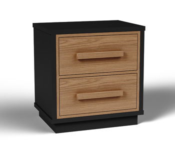 Two-drawer night stand with black frame and brown wood drawers, wood bar pulls