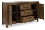 Dining room server with cabinets open to show drawers and shelves, light brown wood