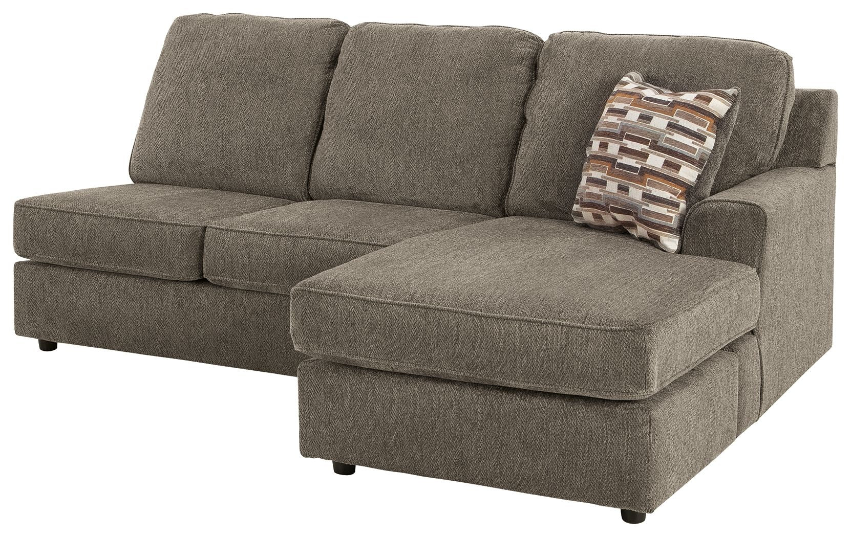 Gray sofa chaise with chaise extension and patterned throw pillow on the side