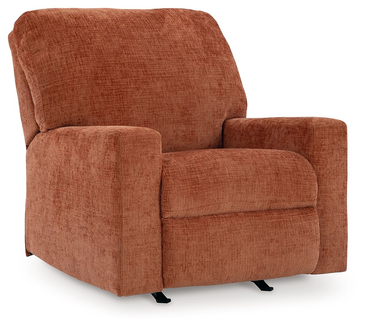Rocker recliner chair in rust-orange upholstered fabric with wide padded arms.