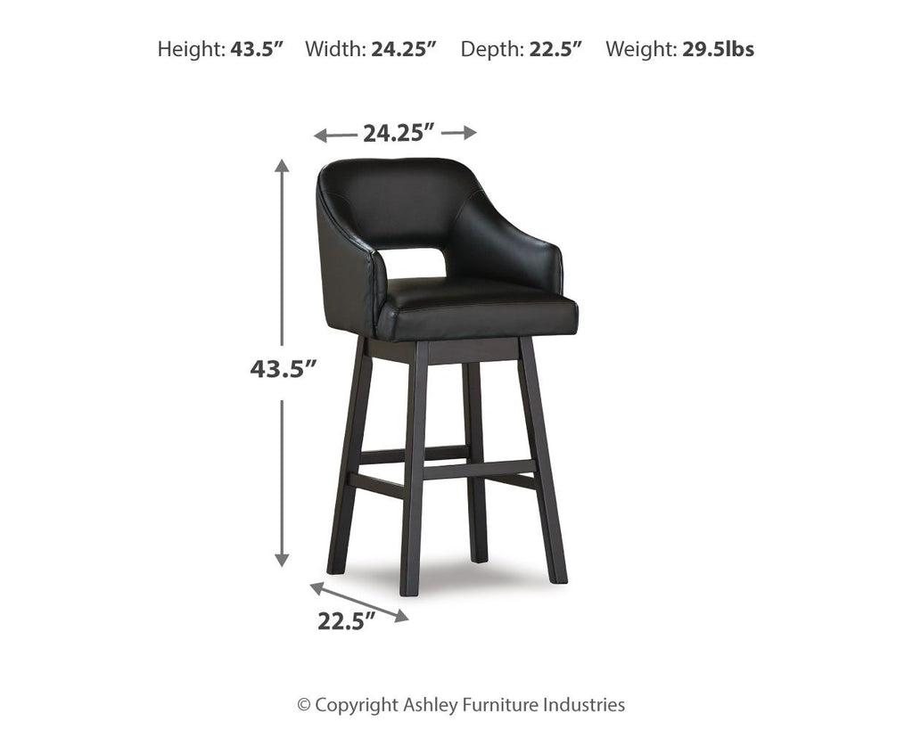Black upholstered swivel barstool with armrests and curved back, dark frame legs
