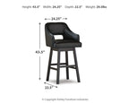 Black upholstered swivel barstool with armrests and curved back, dark frame legs