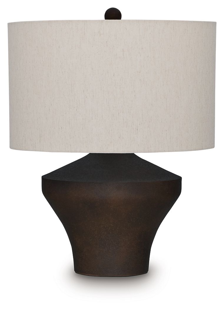 Distressed brown metal table lamp base with beige fabric drum shade