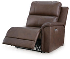 Espresso leather power recliner with footrest extended and side control panel