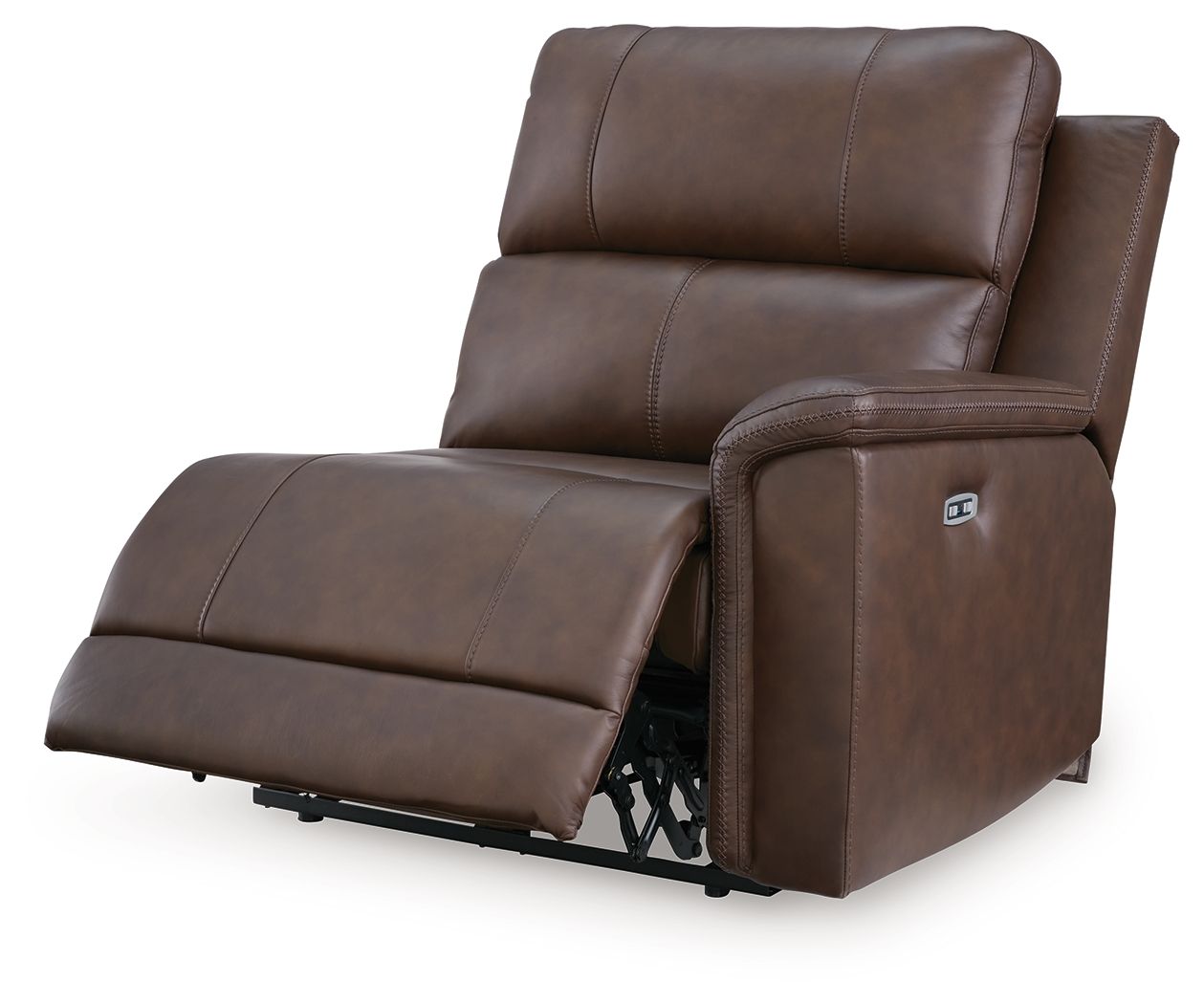 Espresso leather power recliner with footrest extended and side control panel