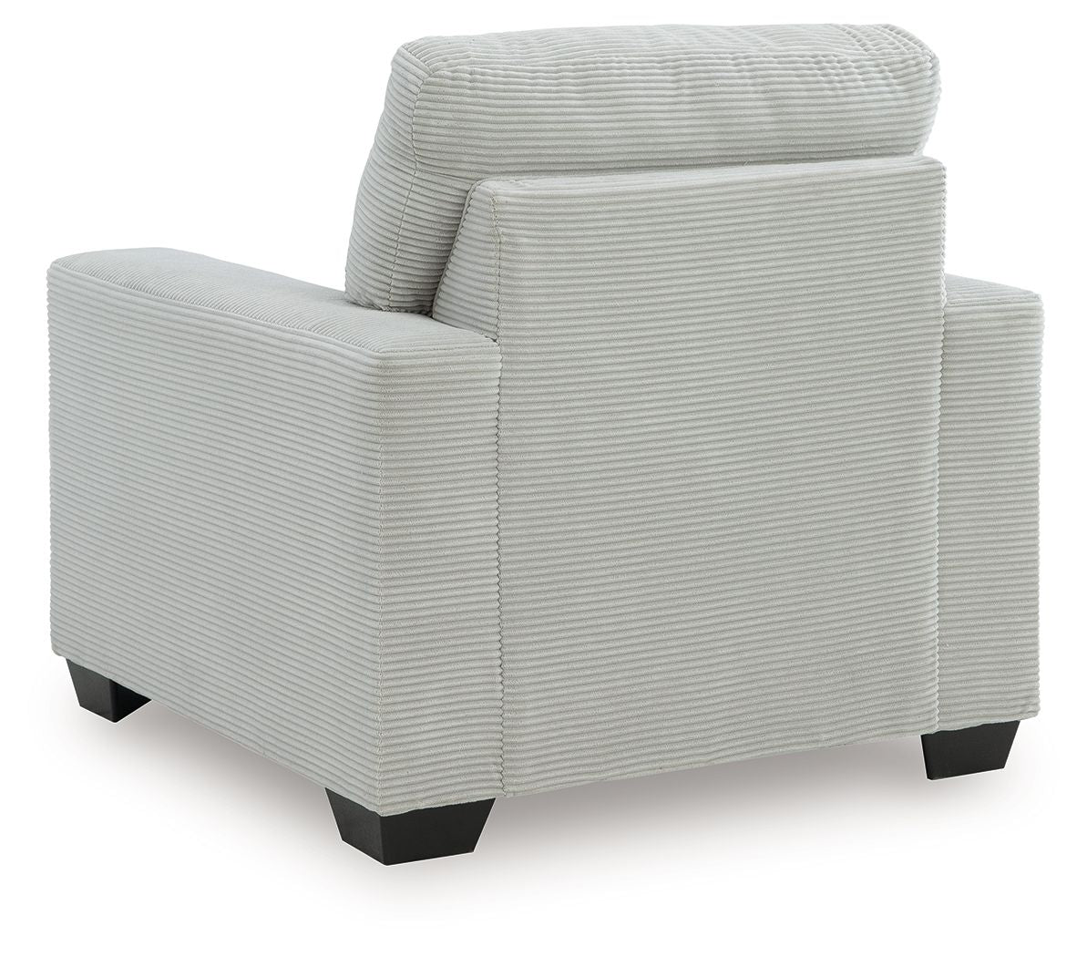 Upholstered armchair with striped texture, rounded back, and block legs in light gray.
