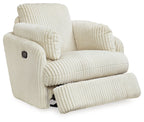 Ivory corduroy recliner with footrest extended and side control panel on arm.