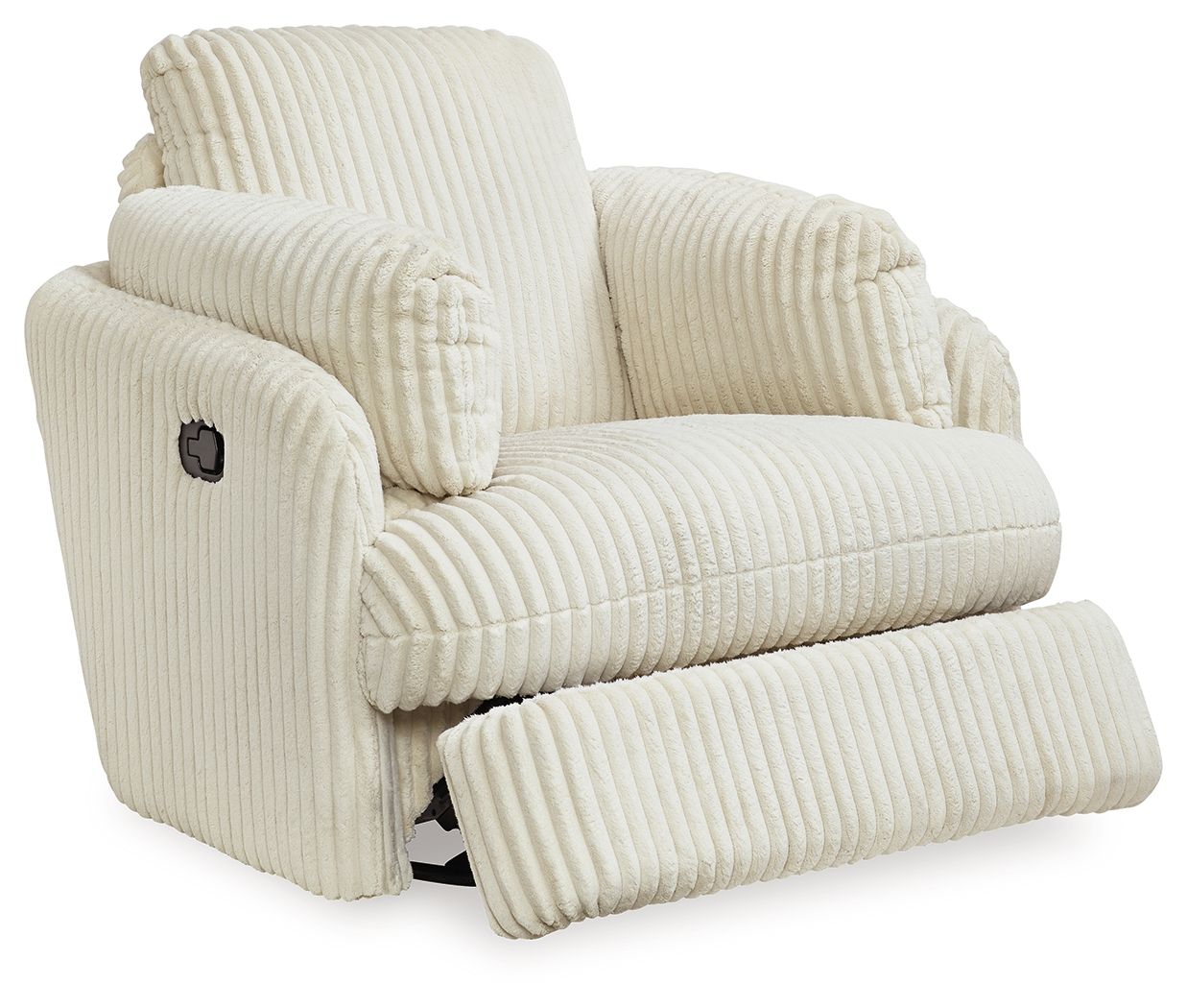 Ivory corduroy recliner with footrest extended and side control panel on arm.