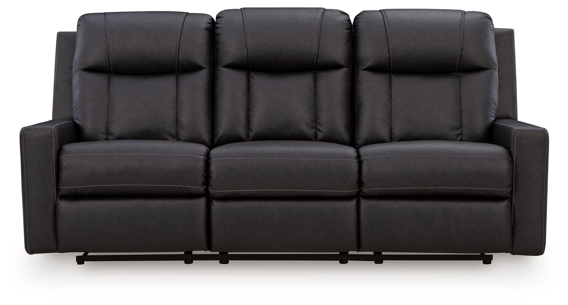 Black reclining sofa with padded tufted back and smooth segmented front seat panels