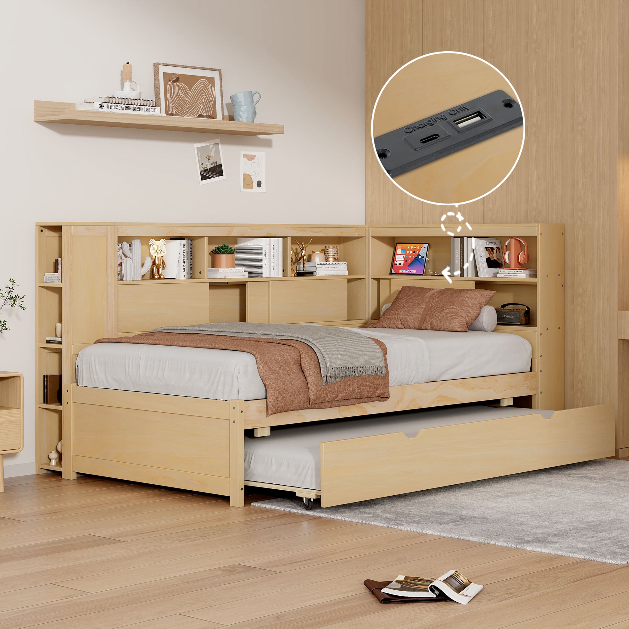 Natural Twin Wood Daybed with Storage, USB & Trundle