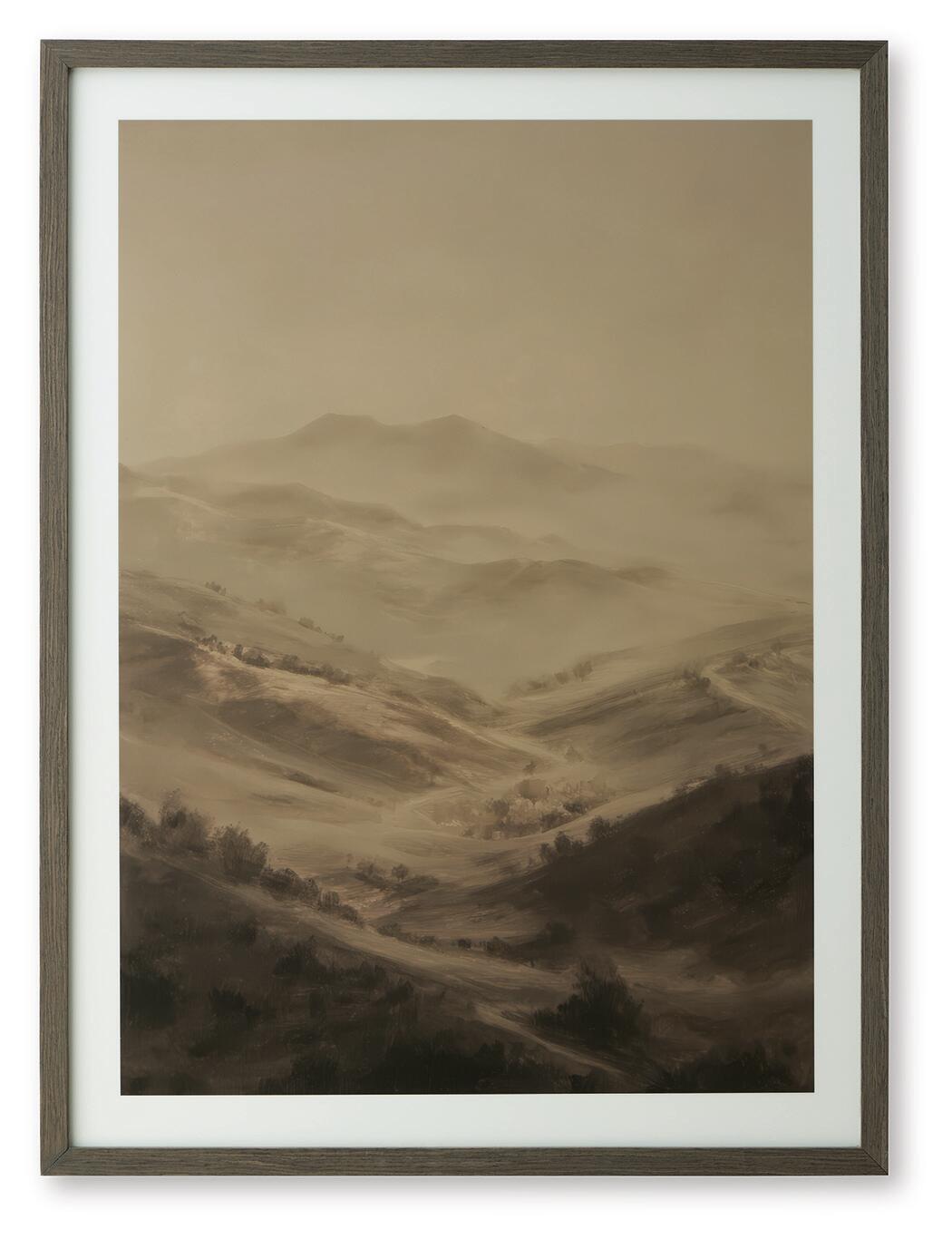 Framed mountain landscape wall art print with brown sepia tones and landscape valley